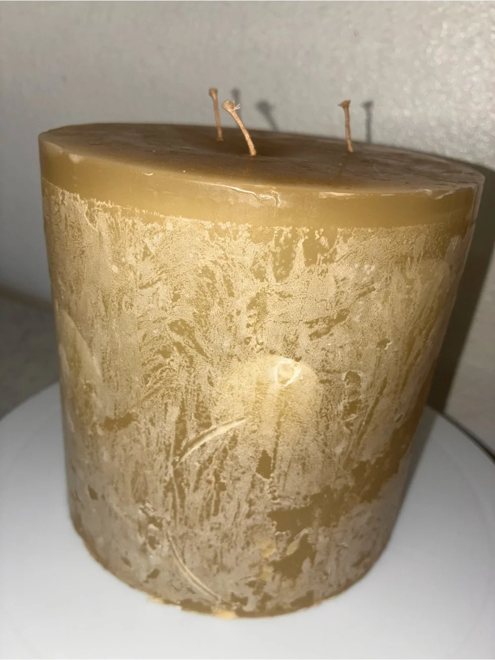 Pottery Barn Vanilla Amber Textured Triple Wick Wax Pillar Candle 6” x 6”